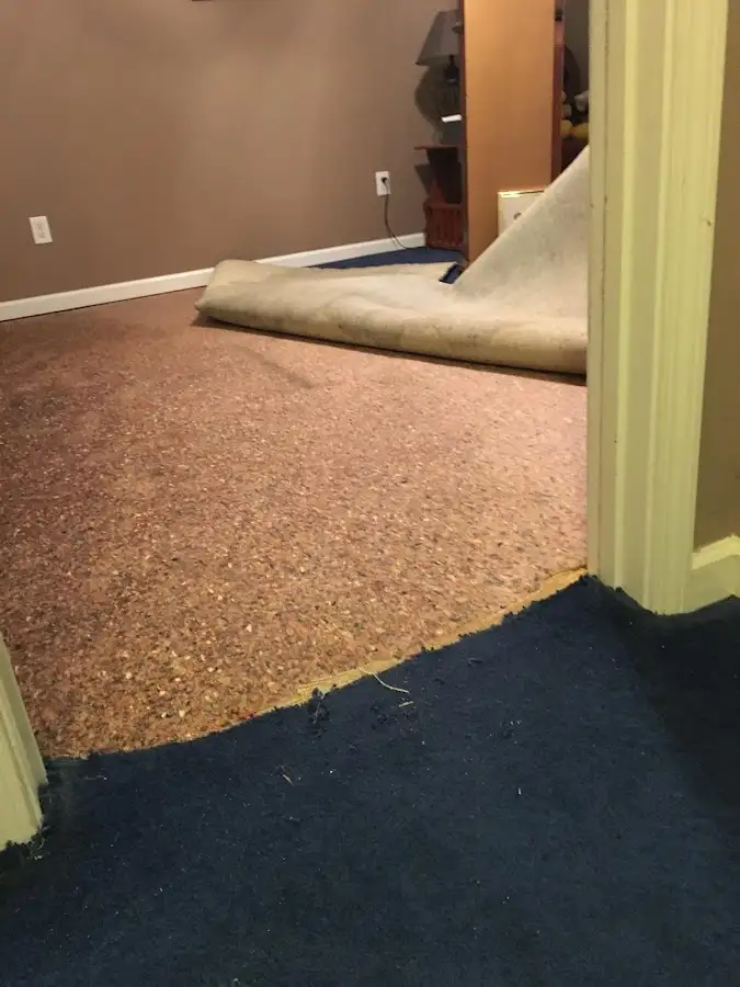 Carpet pad removal revealing water damage during Water Mitigation Services in Manhattan